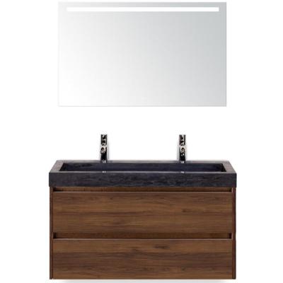 Dante Badmeubelset 100 cm - Walnoot - Wastafel Hardsteen Wit Lucca 2 Kraangaten met Sence Spiegel