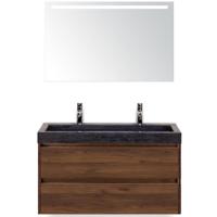 Dante Badmeubelset 100 cm - Walnoot - Wastafel Hardsteen Wit Lucca 2 Kraangaten met Sence Spiegel - thumbnail