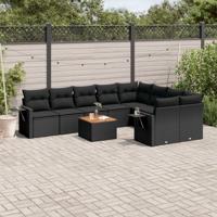 10-delige Loungeset met kussens poly rattan zwart - thumbnail