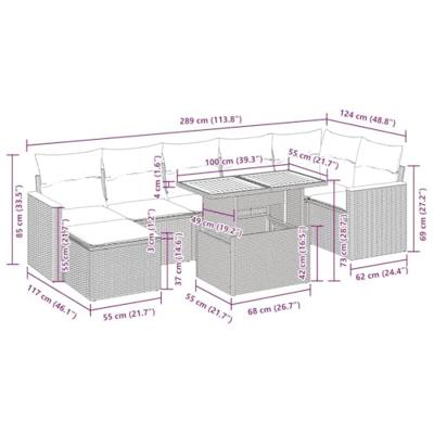 8-delige Loungeset met kussens poly rattan grijs