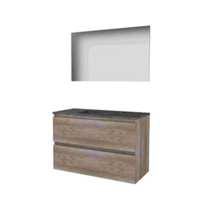 Basic-Line Basic 46 Badkamermeubelset - 100 x 46 cm - Greeploos - 2 Lades - Hardstenen Wastafel - 1 Kraangat - Spiegel - Scotch Oak
