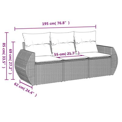 3-delige Loungeset met kussens poly rattan zwart - thumbnail