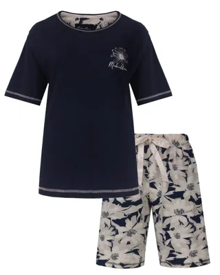 Medaillon dames shortama katoen - "Bloem" Korte mouwen - Korte broek