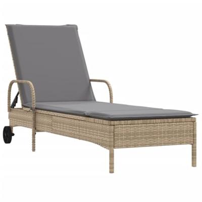 Ligbed met wielen en kussen poly rattan beige - thumbnail