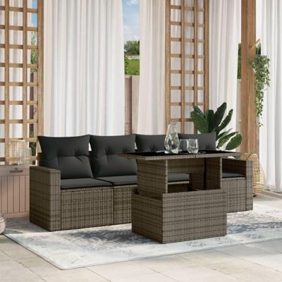 5-delige Loungeset met kussens poly rattan grijs - thumbnail