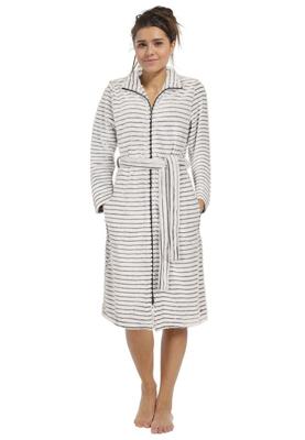Lichtgrijze damesbadjas met rits en ceintuur - ribbels-(56-58) 3XL