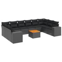 11-delige Loungeset met kussens poly rattan zwart - thumbnail