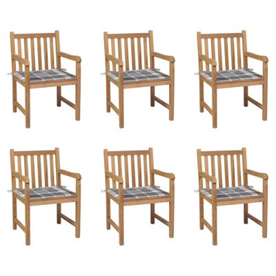 Tuinstoelen 6 st met grijs geruite kussens massief teakhout