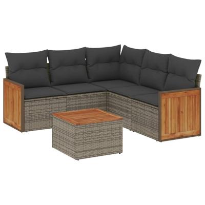 6-delige Loungeset met kussens poly rattan grijs