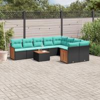 10-delige tuinbankset met kussens van zwart polyrotan - thumbnail
