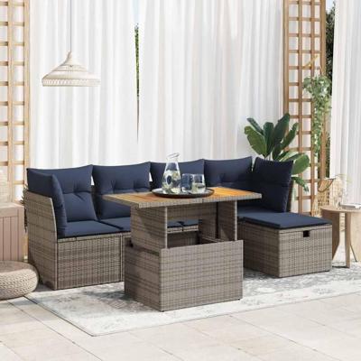 6-delige Loungeset met kussens poly rattan acacia grijs