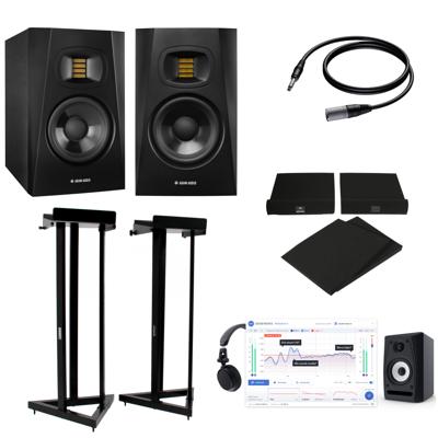 Adam T5V (2x) + statieven + monitorkalibratie + pads + kabels