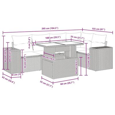6-delige Loungeset met kussens poly rattan beige