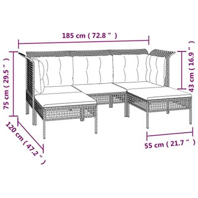 5-delige Loungeset met kussens poly rattan grijs 5-delige Loungeset met kussens poly rattan grijs