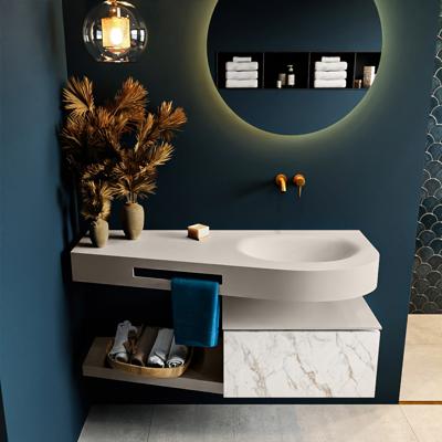 MONDIAZ RIVA 120cm badmeubel onderkast / planchet kleur carrara met 1 lade. Wastafel DULCET rechts 0 kraangaten kleur Linen. MONDIAZ RIVA 120cm badmeubel onderkast / planchet kleur carrara met 1 lade. Wastafel DULCET rechts 0 kraangaten kleur Linen.