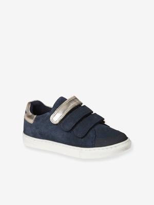Leren meisjessneakers met klittenband marineblauw