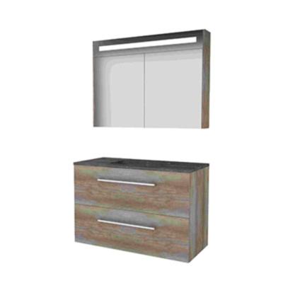 Basic-Line Premium 46 Badkamermeubelset - 100 x 46 cm - Met Grepen - 2 Lades - Hardstenen Wastafel - 1 Kraangat - Spiegelkast met LED Verlichting - Scotch Oak