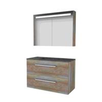 Basic-Line Premium 46 Badkamermeubelset - 100 x 46 cm - Met Grepen - 2 Lades - Hardstenen Wastafel - 1 Kraangat - Spiegelkast met LED Verlichting - Scotch Oak - thumbnail