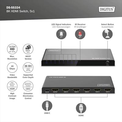 Digitus DS-55334 HDMI-switch 1 + 5 poorten LED-weergave, Met afstandsbediening, Ultra HD-geschikt, Met metalen behuizing, Individueel schakelbaar, Met Digitus DS-55334 HDMI-switch 1 + 5 poorten LED-weergave, Met afstandsbediening, Ultra HD-geschikt, Met metalen behuizing, Individueel schakelbaar, Met