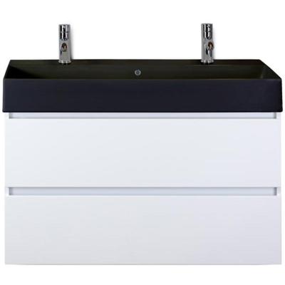 Maxx XL Badmeubelset 100 cm - Wit Hoogglans - Wastafel Kube Zwart 2 Kraangaten