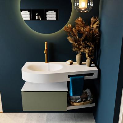 MONDIAZ RIVA 100cm badmeubel onderkast / planchet kleur Army met 1 lade. Wastafel DULCET links 1 kraangat kleur Talc.