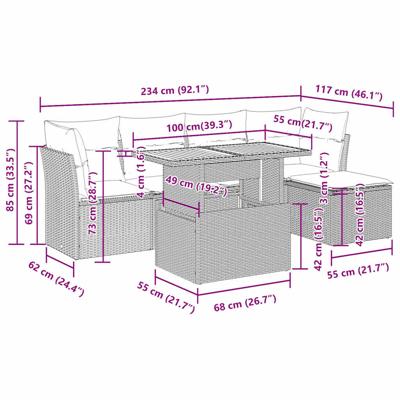 6-delige Loungeset met kussens poly rattan zwart