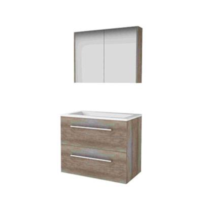 Basic-Line Comfort 46 Badkamermeubelset - 80 x 46 cm - Met Grepen - 2 Lades - Acryl Wastafel - Zonder Kraangat - Spiegelkast - Scotch Oak