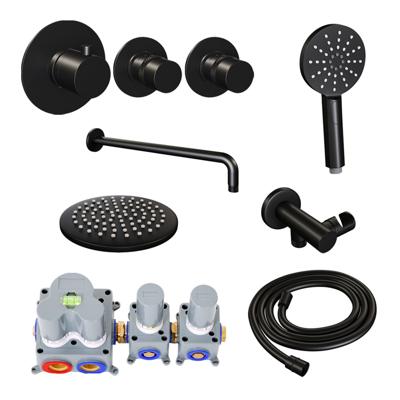 Brauer Black Edition Thermostatische Regendoucheset Inbouw - Hoofddouche 20 cm - Gebogen Wandarm - Handdouche 3 Standen - Doucheslang - Wandaansluitbocht - Mat Zwart