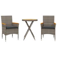 3-delige Bistroset met kussens poly rattan en acaciahout grijs - thumbnail