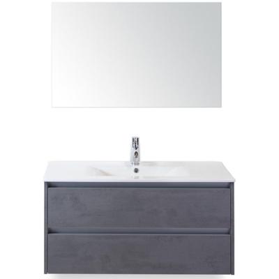 Dante Badmeubelset 100 cm - Beton Antraciet - Keramische Wastafel Wit Enjoy met Spiegel