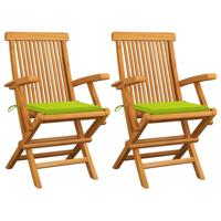 Tuinstoelen 2 st met heldergroene kussens massief teakhout - thumbnail