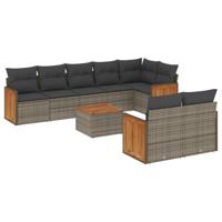 9-delige Loungeset met kussens poly rattan grijs - thumbnail