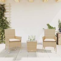3-delige Bistroset met kussens poly rattan en glas beige - thumbnail