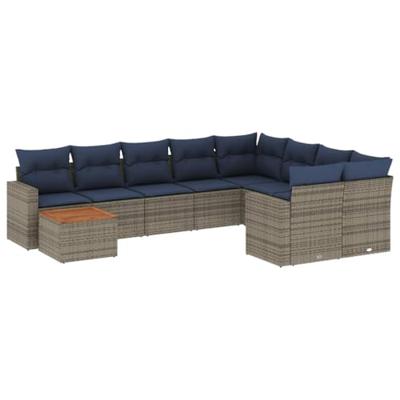 10-delige Loungeset met kussens poly rattan grijs
