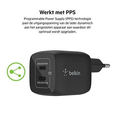 Belkin BoostCharge Pro 2-poorts USB-C GaN-wandlader met PPS (45 W) oplader