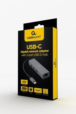Gembird A-CMU3-LAN-01 USB-C Gigabit-netwerkadapter met 3-poorts USB 3.1-hub