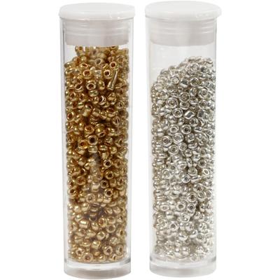 Creativ Company Rocailles, d 1,7 mm, afm 15/0, gatgrootte 0,5-0,8 mm, goud, zilver, 2x7 gr/ 1 doos