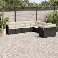 10-delige Loungeset met kussens poly rattan zwart - thumbnail