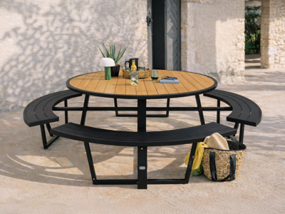 Ronde picknicktafel PERUGIA 8 plaatsen aluminium zwart/wood effect Ronde picknicktafel PERUGIA 8 plaatsen aluminium zwart/wood effect