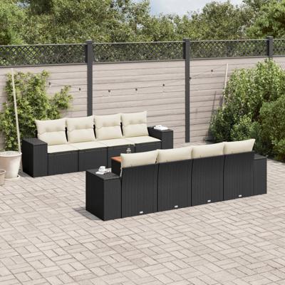 9-delige Loungeset met kussens poly rattan zwart
