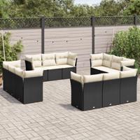 12-delige Loungeset met kussens poly rattan zwart - thumbnail
