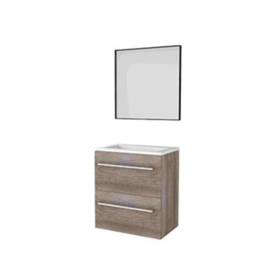 Basic-Line Framed 39 Badkamermeubelset - Ondiep - 60 x 39 cm - Met Grepen - 2 Lades - Acryl Wastafel - 1 Kraangat - Spiegel met Zwart Aluminium Frame - Scotch Oak
