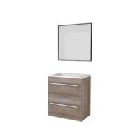Basic-Line Framed 39 Badkamermeubelset - Ondiep - 60 x 39 cm - Met Grepen - 2 Lades - Acryl Wastafel - 1 Kraangat - Spiegel met Zwart Aluminium Frame - Scotch Oak - thumbnail