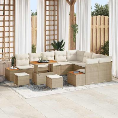 12-delige Tuinbankenset met kussens poly rattan acacia beige