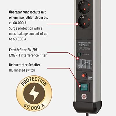 Brennenstuhl Premium-Protect-Line 60.000A stekkerdoos met overspanningsbeveiliging en Power Delivery USB 6-voudig - 1391010620
