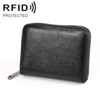KB195 Zipper Cowhide Leather Double Row Organ Shape Multiple Card Slots Anti-magnetic RFID Wallet Clutch Bag for Ladies(Black) - thumbnail
