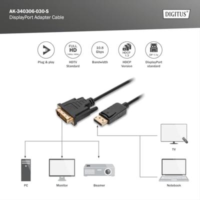 Digitus AK-340306-030-S DisplayPort-kabel DisplayPort / DVI Adapterkabel DisplayPort-stekker, DVI-D 24+1-polige stekker 3.00 m Zwart