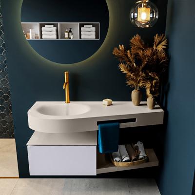 MONDIAZ RIVA 120cm badmeubel onderkast / planchet kleur Cale met 1 lade. Wastafel DULCET links 1 kraangat kleur Linen.