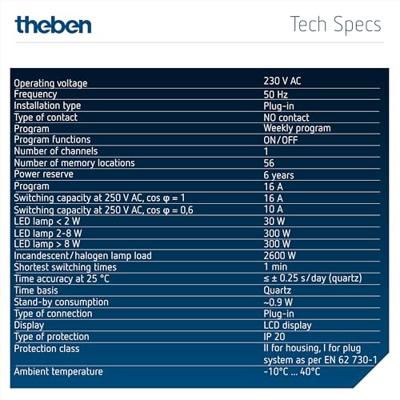 Theben 0200130 Schakelklok Digitaal Weekprogramma 2600 W Display-verlichting, Timer-functie, Programmeerfunctie