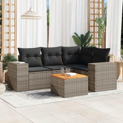 5-delige Loungeset met kussens poly rattan grijs - thumbnail